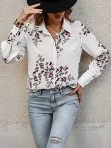 SHEIN Clasi Camisa con estampado floral con botón delantero - Blanco - Ver 3
