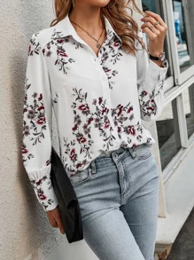 SHEIN Clasi Camisa con estampado floral con botón delantero - Blanco - Ver 4