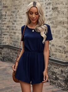 SHEIN LUNE Áo liền quần nữ xoắn lại Cắt ra màu trơn Giải trí - Màu xanh hải quân - Xem 4