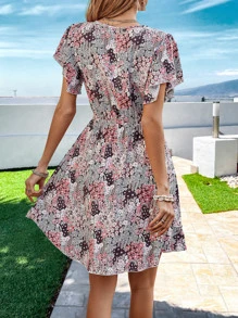 SHEIN VCAY Allover Floral Print Butterfly Sleeve Ruffle Hem Dress Without Belt - Multicolor - View 2