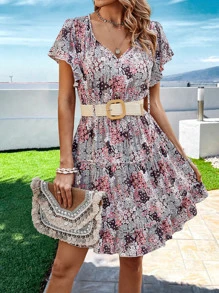 SHEIN VCAY Allover Floral Print Butterfly Sleeve Ruffle Hem Dress Without Belt - Multicolor - View 4