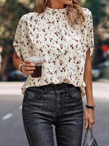 SHEIN Clasi 滿版印花小高領蝙蝠袖襯衫 - 白色 - 查看 3