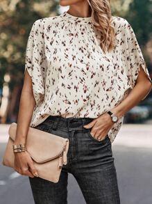 SHEIN Clasi 滿版印花小高領蝙蝠袖襯衫 - 白色 - 查看 1