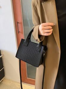 鱷魚壓紋雙把手毛氈PU皮革方包 - 黑色 - 查看 8