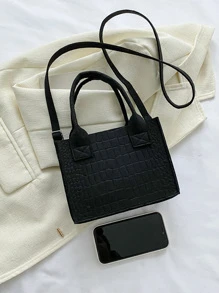 鱷魚壓紋雙把手毛氈PU皮革方包 - 黑色 - 查看 5