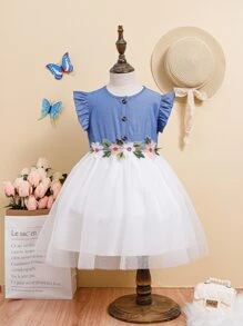 SHEIN Toddler Girls Floral Appliques Ruffle Trim Mesh Hem Dress - Blue and White - View 1