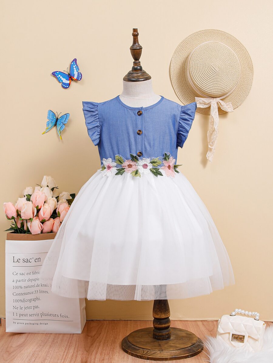 SHEIN Toddler Girls Floral Appliques Ruffle Trim Mesh Hem Dress - Blue and White - View 1