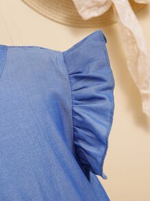 SHEIN Toddler Girls Floral Appliques Ruffle Trim Mesh Hem Dress - Blue and White - View 3