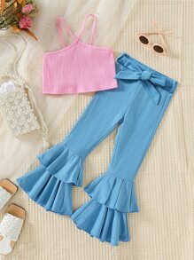 Toddler Girls Ribbed Knit Cami Top & Layer Hem Flare Leg Trousers - Multicolor - View 1