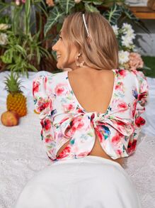 SHEIN VCAY 1pc Floral Print Tie Backless Crop Tee - Multicolor - View 1