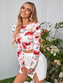 SHEIN VCAY 1pc Floral Print Tie Backless Crop Tee - Multicolor - View 2