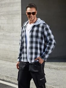 Manfinity Men Plus Plaid Print Hooded Shirt - Black and White - View 1