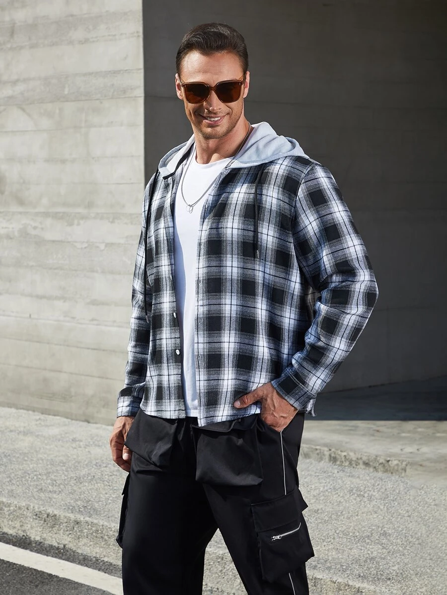 Manfinity Men Plus Plaid Print Hooded Shirt - Black and White - View 1
