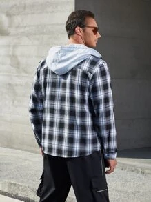 Manfinity Men Plus Plaid Print Hooded Shirt - Black and White - View 2
