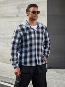 Manfinity Men Plus Plaid Print Hooded Shirt - Black and White - View 3