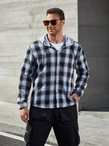 Manfinity Men Plus Plaid Print Hooded Shirt - Black and White - View 4