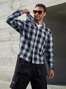 Manfinity Men Plus Plaid Print Hooded Shirt - Black and White - View 6