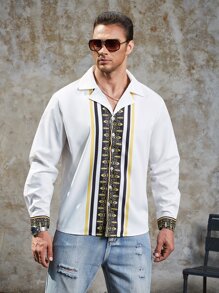 Manfinity Men Plus Geo Print Lapel Neck Shirt - White - View 1