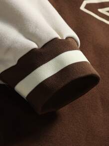 Manfinity Campus Court Men Plus Letter Graphic Striped Trim Drop Shoulder Varsity Jacket Without Hoodie - Brown - View 4