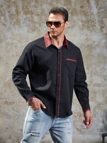 Manfinity Men Plus Contrast Trim Shirt - Black - View 5