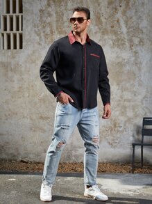 Manfinity Men Plus Contrast Trim Shirt - Black - View 6