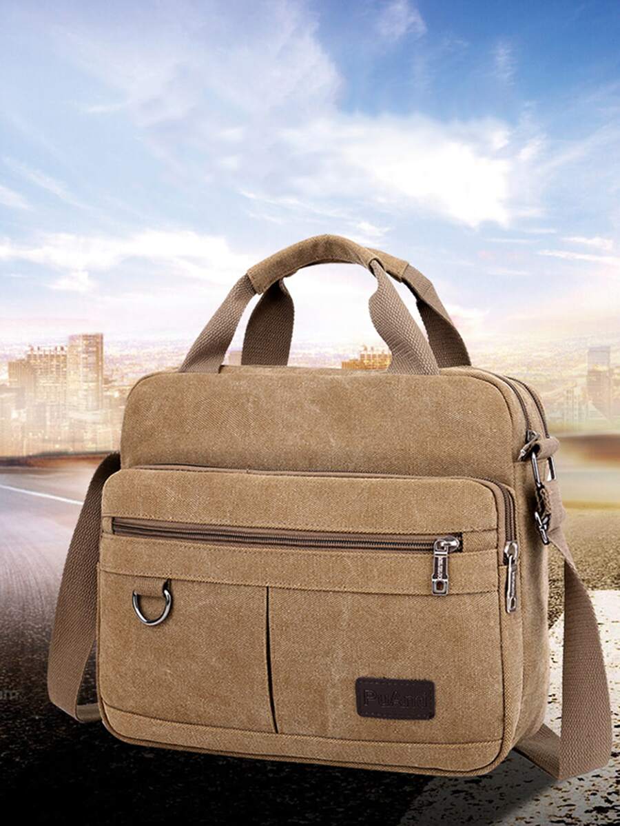 11.8inch Foldable Men Letter Patch Decor Briefcase Messenger Bag Double Handle Laptop Handbag For Business Work, Gift For Father - Khaki - View 1