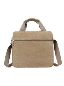 11.8inch Foldable Men Letter Patch Decor Briefcase Messenger Bag Double Handle Laptop Handbag For Business Work, Gift For Father - Khaki - View 2