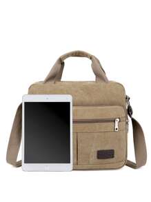 11.8inch Foldable Men Letter Patch Decor Briefcase Messenger Bag Double Handle Laptop Handbag For Business Work, Gift For Father - Khaki - View 5