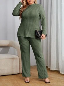 SHEIN Essnce 大碼條紋針織下擺開叉T恤和褲子 - 綠色 - 查看 3