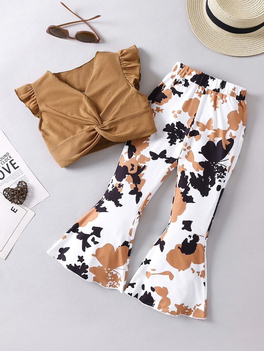 Toddler Girls Ruffle Trim Twist Front Top & Butterfly Print Flare Leg Trousers - Multicolor - View 1