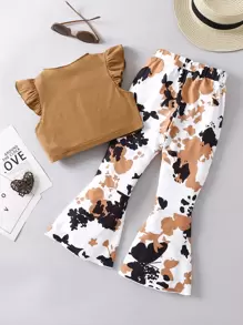 Toddler Girls Ruffle Trim Twist Front Top & Butterfly Print Flare Leg Trousers - Multicolor - View 2