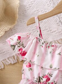 Toddler Girls Floral Print Cold Shoulder Ruffle Trim Contrast Mesh Hem Romper - Pink - View 3