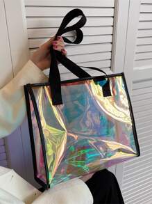 Waterproof Holographic Double Handle Shoulder Tote Bag, Waterproof, Sandproof Transparent Bag, Beach Sports Picnic Snacks Clear Purse For Women