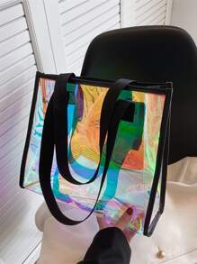 Waterproof Holographic Double Handle Shoulder Tote Bag, Waterproof, Sandproof Transparent Bag, Beach Sports Picnic Snacks Clear Purse For Women