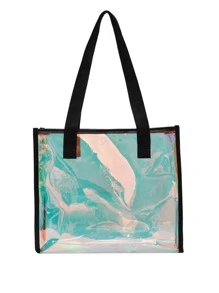 Waterproof Holographic Double Handle Shoulder Tote Bag, Waterproof, Sandproof Transparent Bag, Beach Sports Picnic Snacks Clear Purse For Women