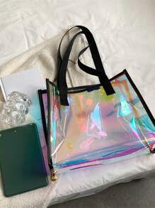 Waterproof Holographic Double Handle Shoulder Tote Bag, Waterproof, Sandproof Transparent Bag, Beach Sports Picnic Snacks Clear Purse For Women