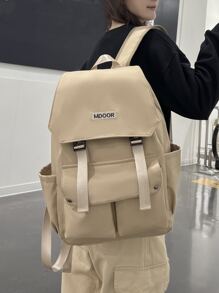 Letter Embroidered Flap Backpack - Khaki - View 1