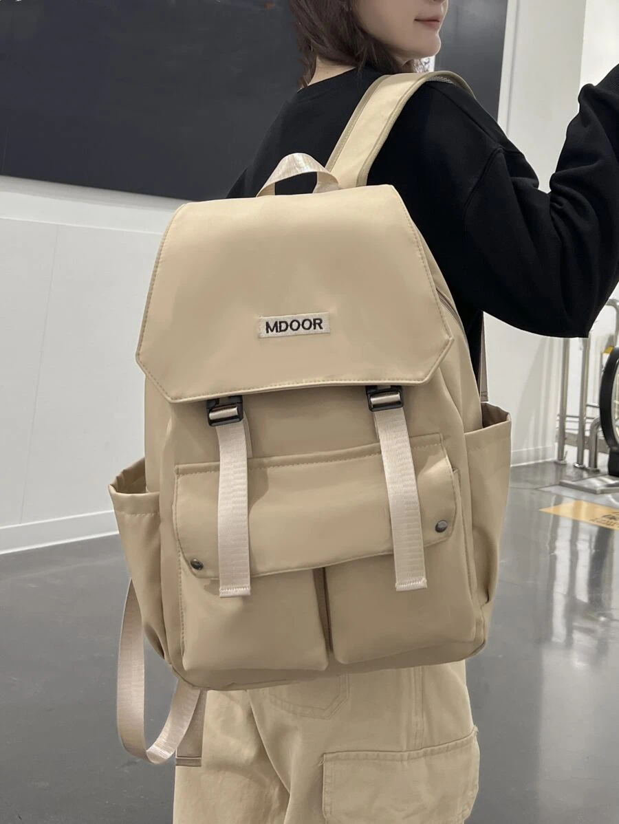Letter Embroidered Flap Backpack - Khaki - View 1