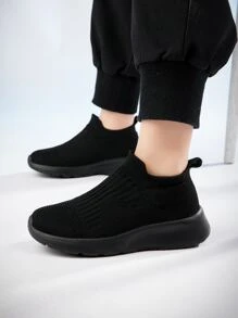 Boys Knit Detail Running Shoes - Black - View 1