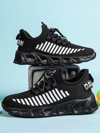 男孩針織細節抽繩設計跑鞋運動戶外運動鞋