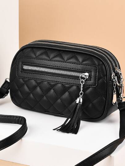 Quilted Detail Tassel Decor Crossbody Bag Vintage,Minimalist Quilted Portable For Woman,For Women, Rookies & White-Collar Workers Perfect For Office,Work ,Business,Commute