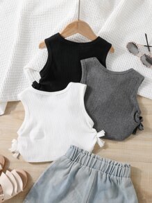 SHEIN 小女童3入組褶邊側邊蝴蝶結背心上衣