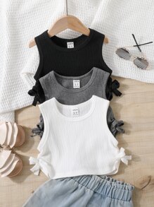 SHEIN 小女童3入組褶邊側邊蝴蝶結背心上衣