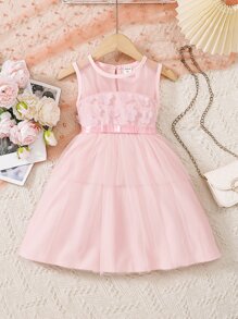 Young Girls Contrast Mesh Hem Appliques Bow Front Party Dress - Pink - View 1