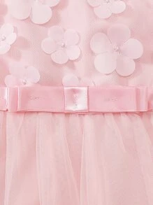Young Girls Contrast Mesh Hem Appliques Bow Front Party Dress - Pink - View 3