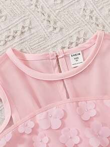 Young Girls Contrast Mesh Hem Appliques Bow Front Party Dress - Pink - View 4