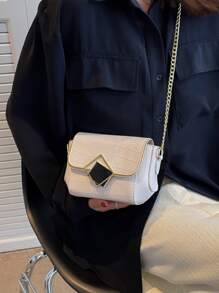 迷你鱷魚壓紋金屬鎖翻蓋鏈條方包 - 米色 - 查看 1