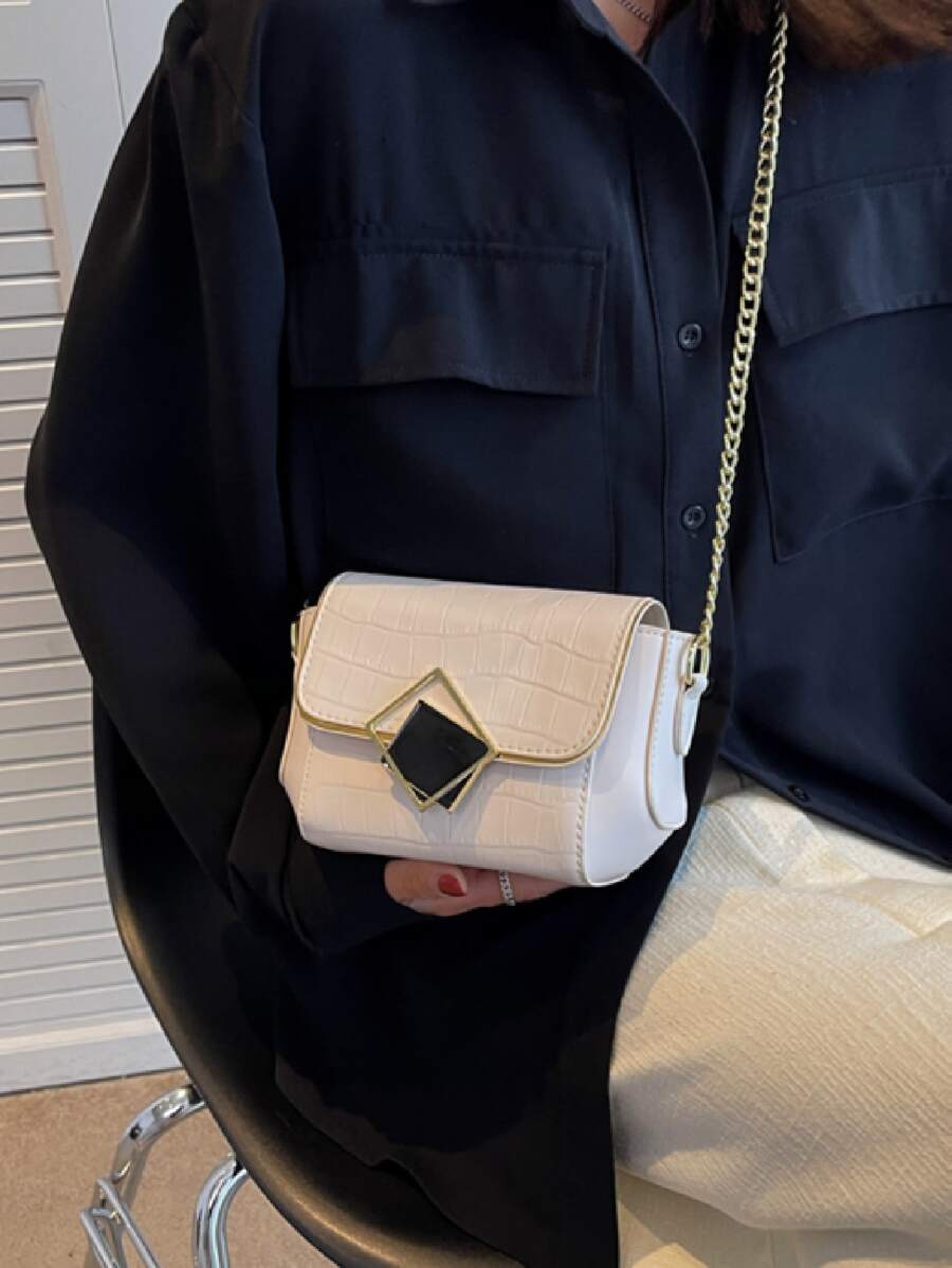 迷你鱷魚壓紋金屬鎖翻蓋鏈條方包 - 米色 - 查看 1
