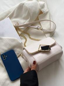 迷你鱷魚壓紋金屬鎖翻蓋鏈條方包 - 米色 - 查看 7