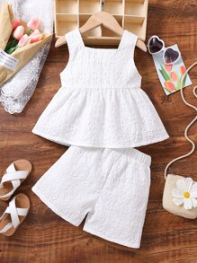 SHEIN 女小童白色花卉圖案圖案度假風格簡約風和時尚方形領口2件套套裝適合夏天 - 白色 - 查看 2
